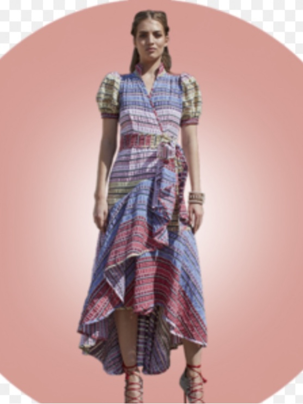 Striped Multi-Color High-Low Wrap Dress with Puff Sleeves